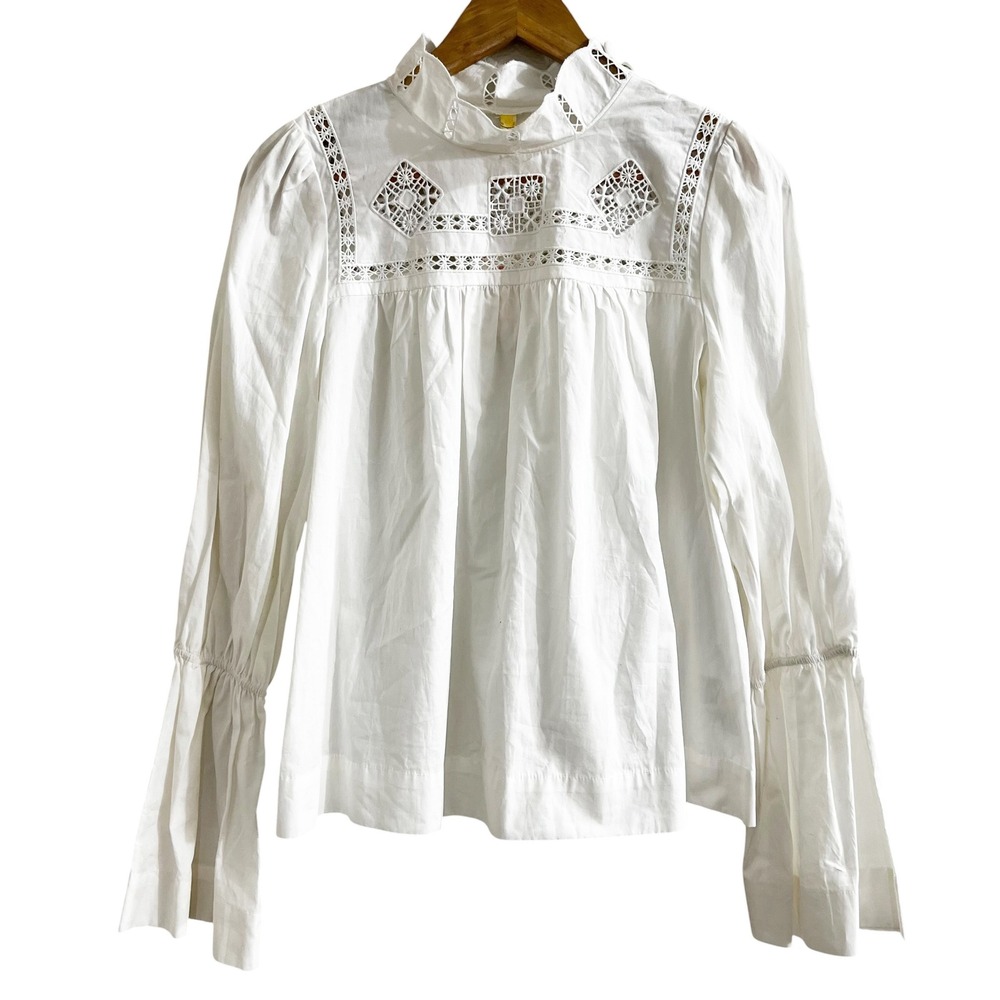 Free People White Eyelet Lace Mock Neck Blouse S Bell Sleeve Boho Cotton NWT